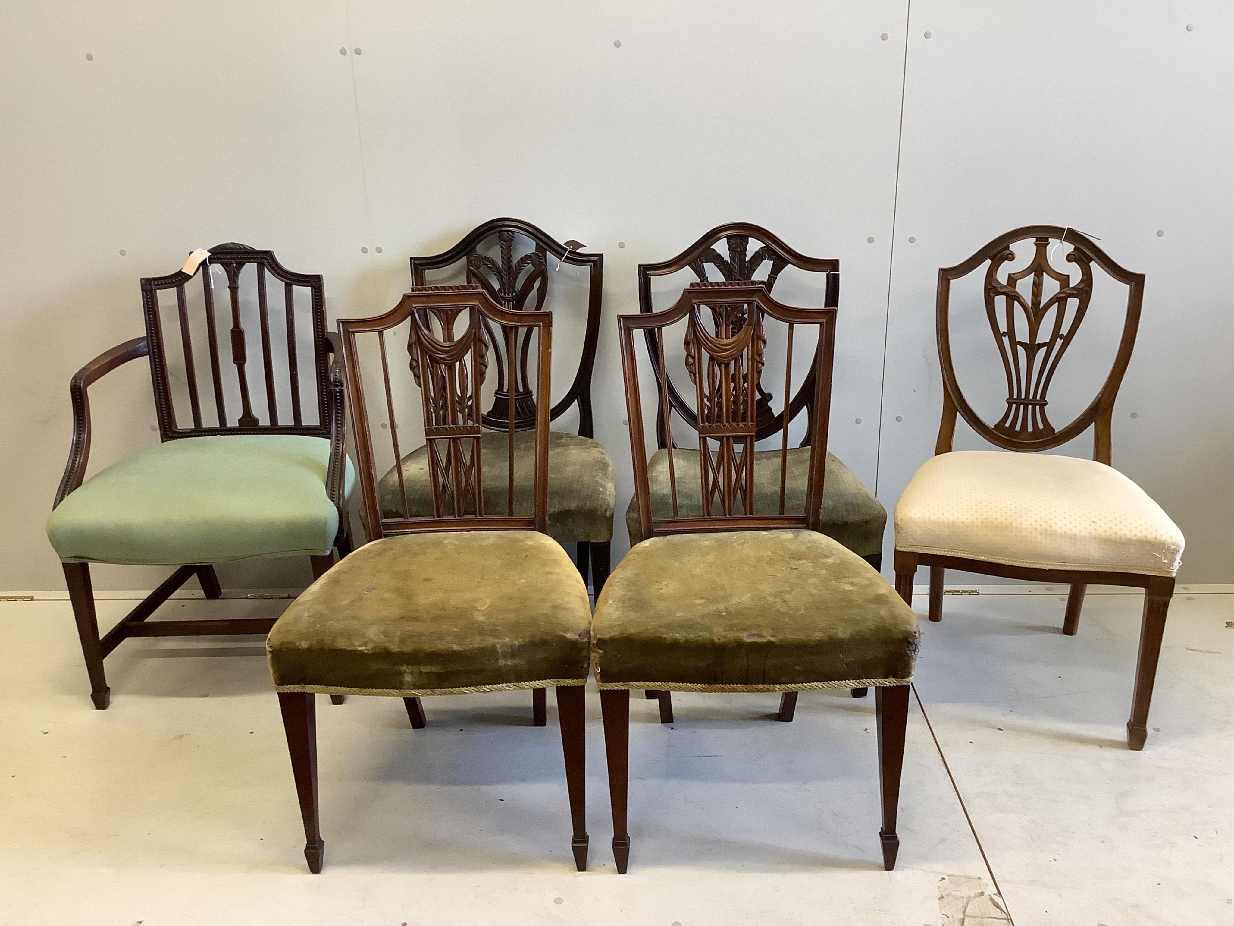 Two Hepplewhite period mahogany dining chairs, a 19th century Sheraton design elbow chair, a pair of side chairs and a further chair (6)                                                                                    