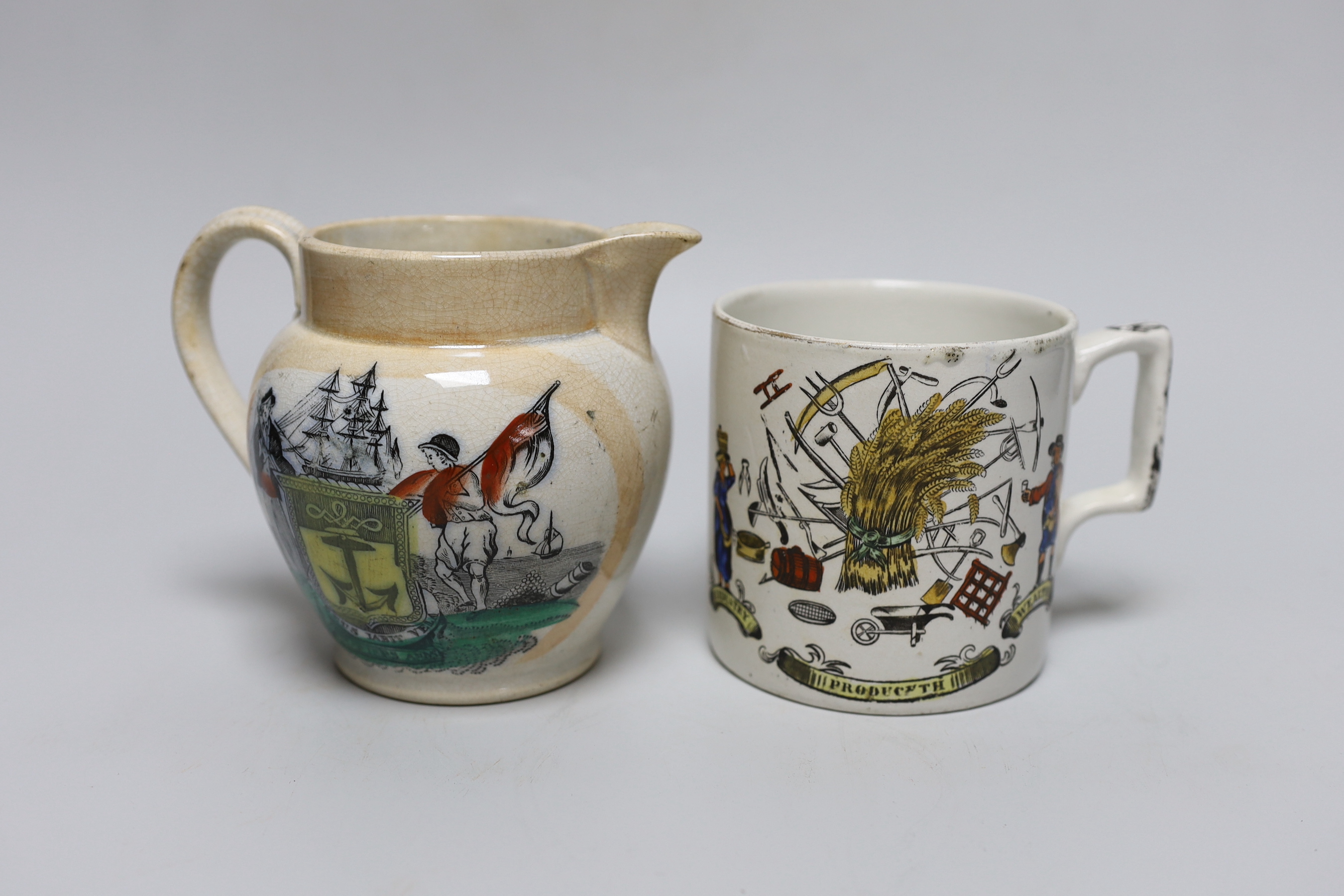 An early 19th century Sunderland jug and a Staffordshire mug, tallest 12cm                                                                                                                                                  