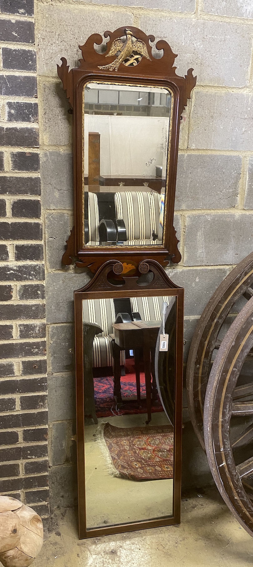 A George III style parcel gilt inlaid mahogany fret cut wall mirror, width 50cm, height 90cm together with a larger robing mirror                                                                                           