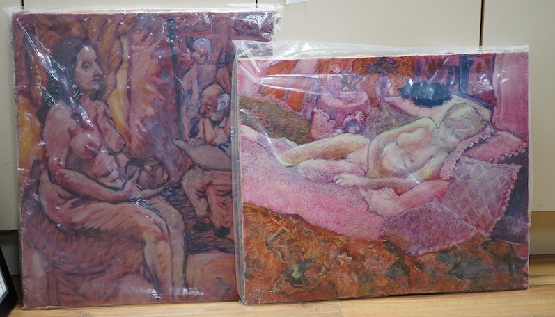 Raymond Arthur Roadnight (b.1941-), two oils on fabric, Studies of nude women, unsigned, unframed, 63 x 54cm. Condition - good                                                                                              