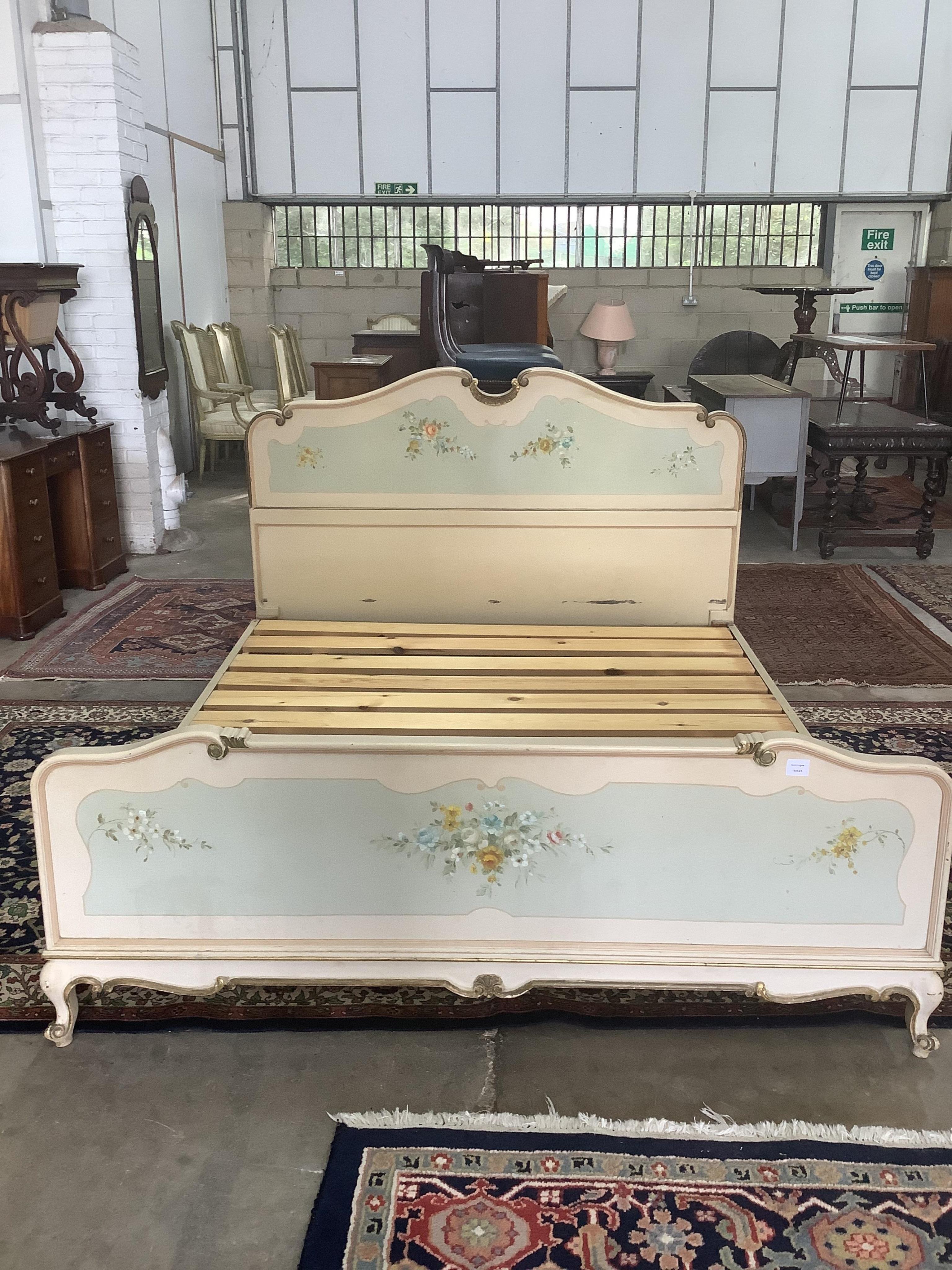 A Louis XVI style painted bed frame, width 171cm, length 201cm, height 120cm. Condition - fair                                                                                                                              