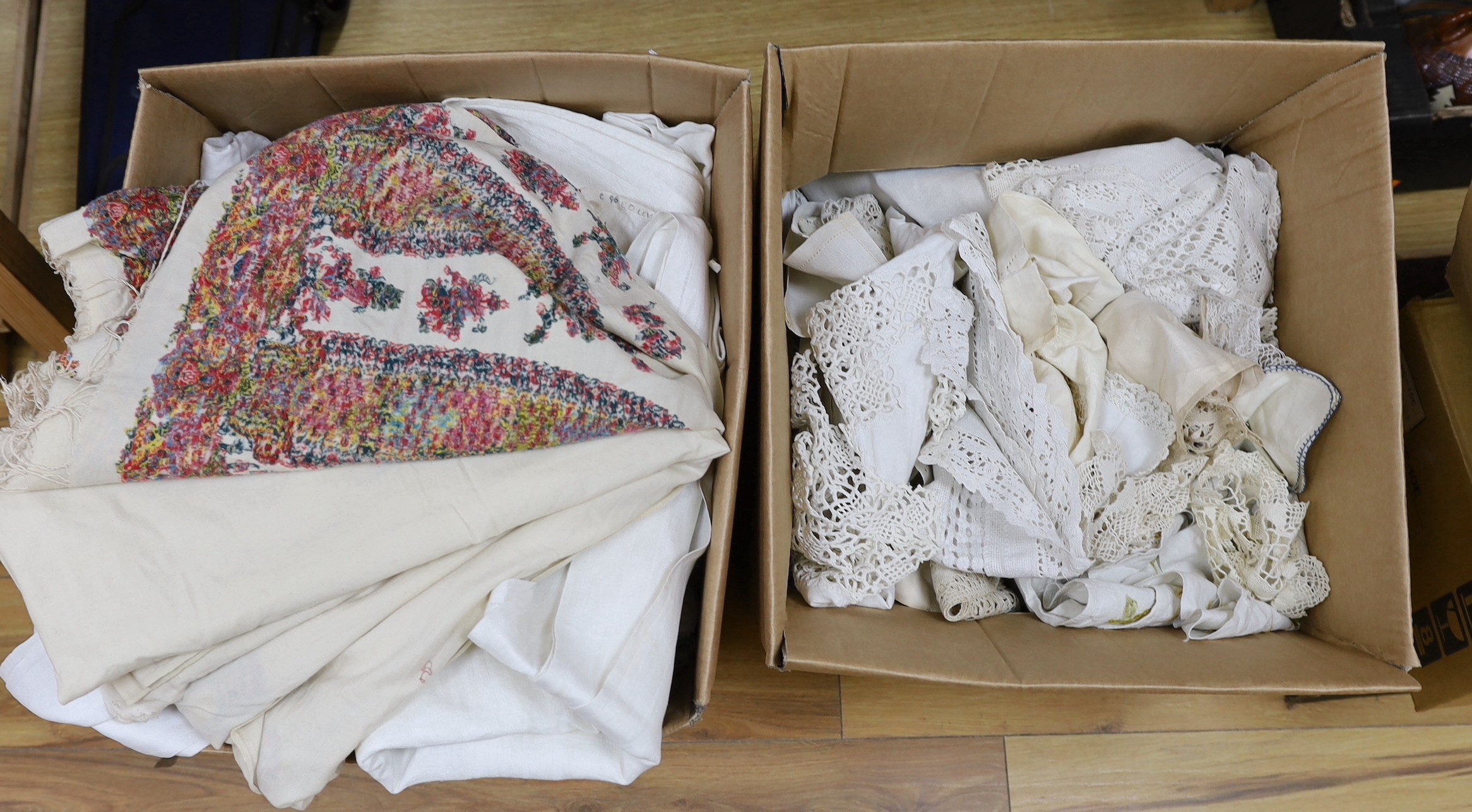 A 19th century Norwich shawl, together with mixed 20th century damask and crochet edged table cloths and linens                                                                                                             