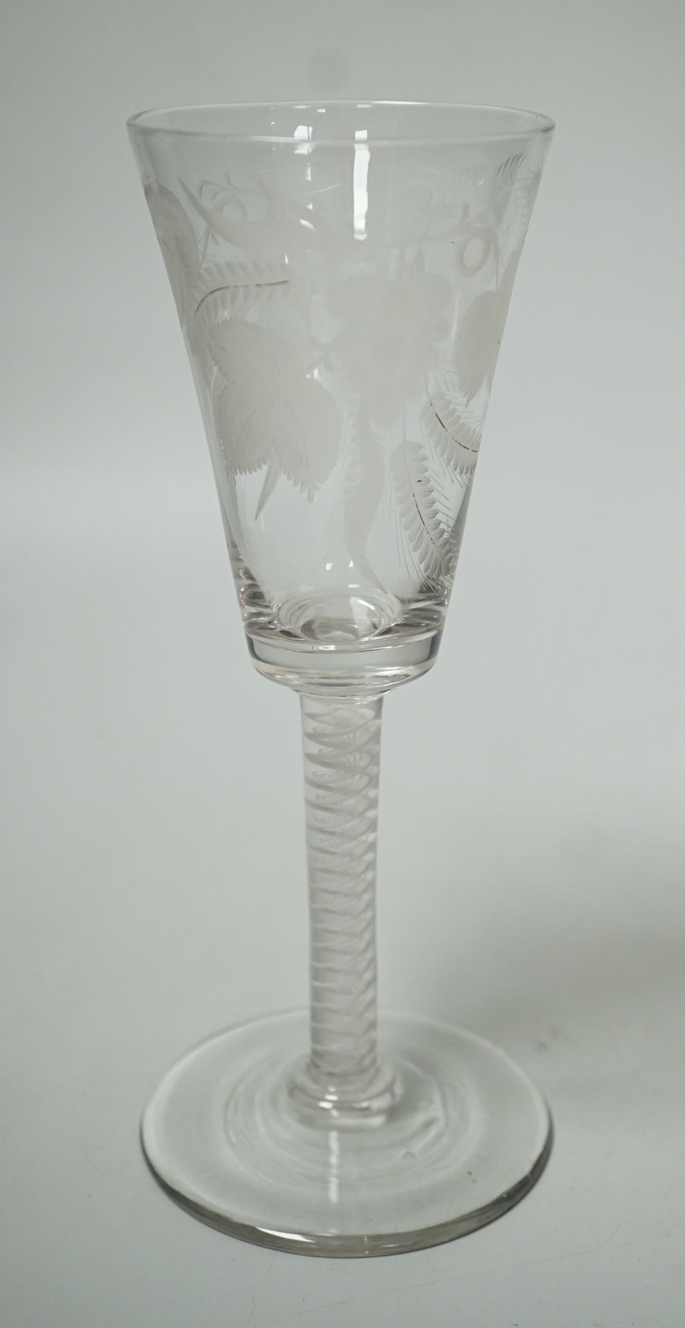 A George III engraved air twist stem ale flute, 18.5cm                                                                                                                                                                      