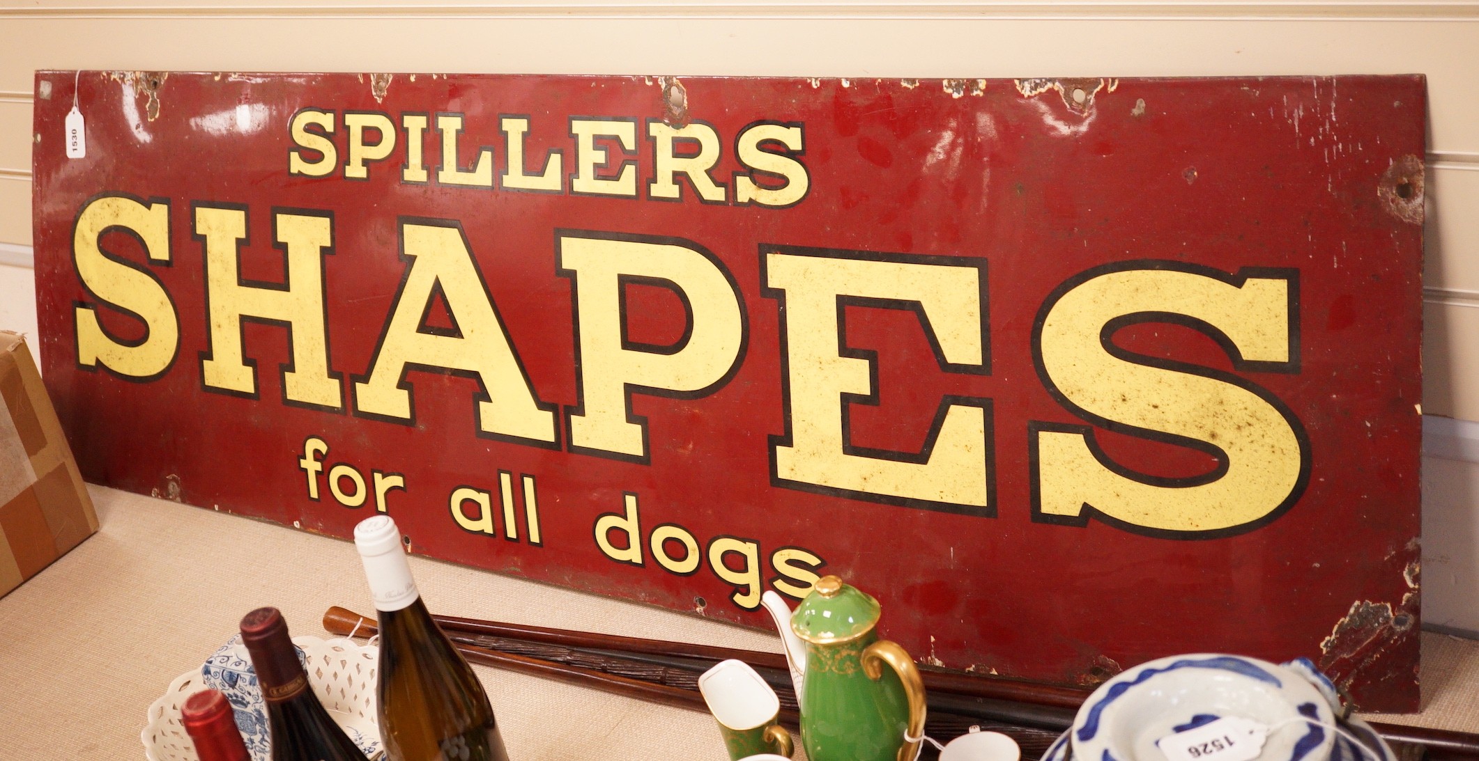Spillers Shapes for all dogs enamel advertising sign, 46x152cm                                                                                                                                                              