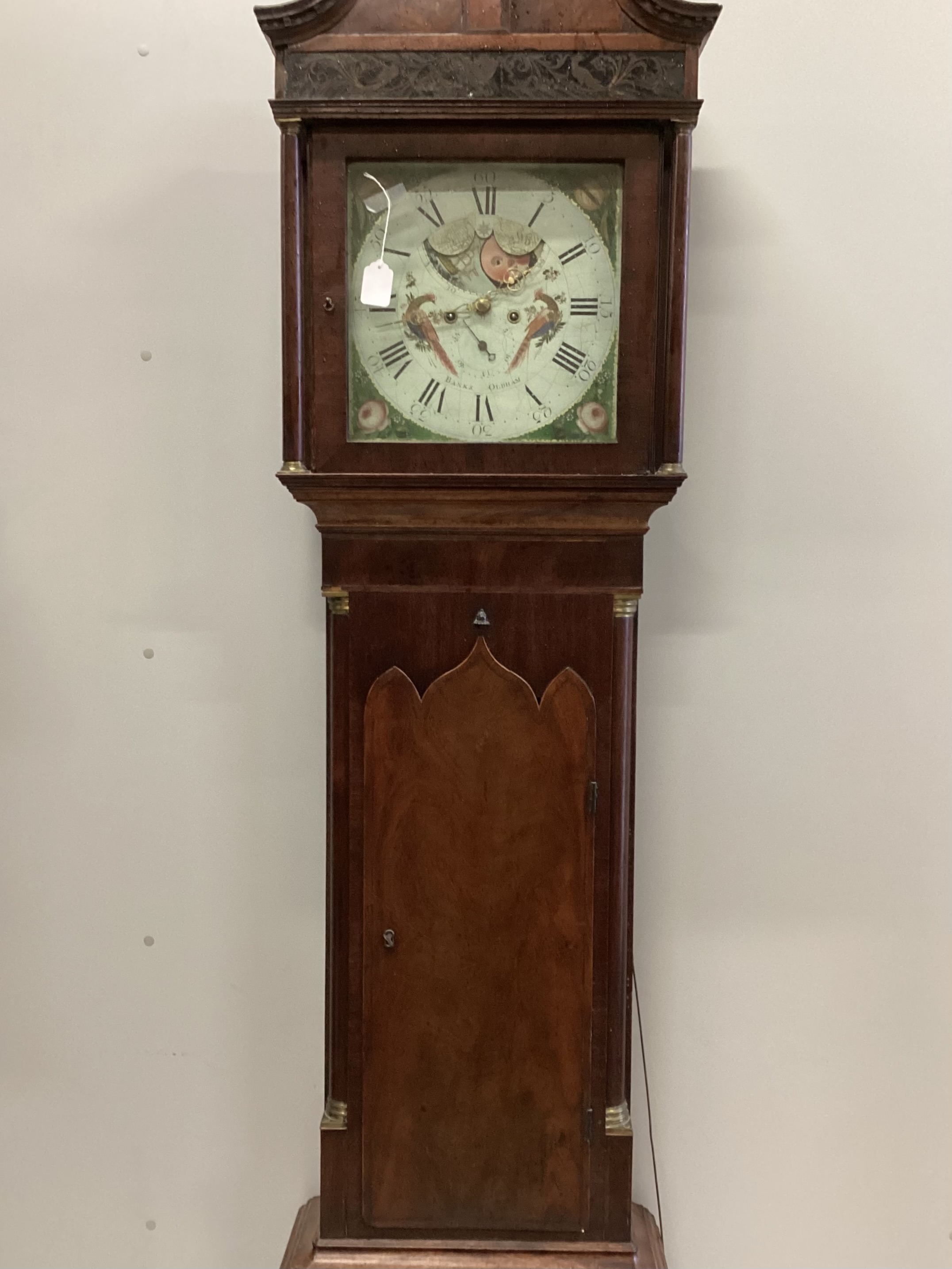 An early 19th century North Country mahogany eight day longcase clock, painted dial marked Banks, Oldham, height 229cm                                                                                                      