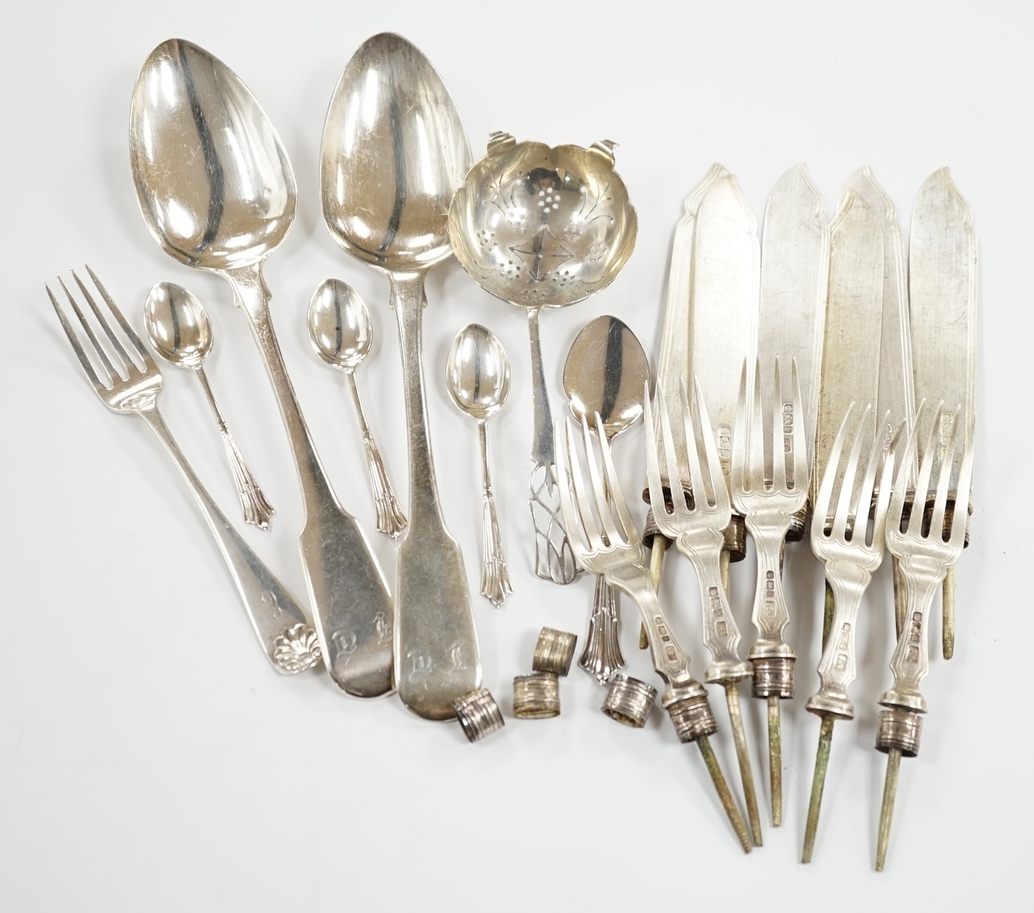 A pair of George IV silver fiddle pattern table spoons, William Bateman, London, 1824, six other later silver items of flatware, 7.5oz, together with six silver knife blades and five set of silver fork tines, gross 11.8o