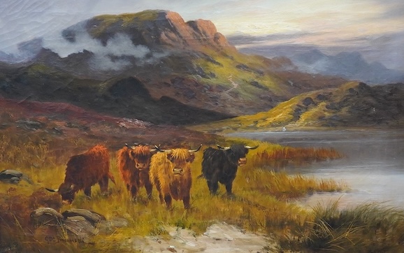 Gustav de Breanski (fl.1880-1892), oil on canvas, Landscape scene with highland cattle, 39 x 60cm. Condition - fair-good                                                                                                    