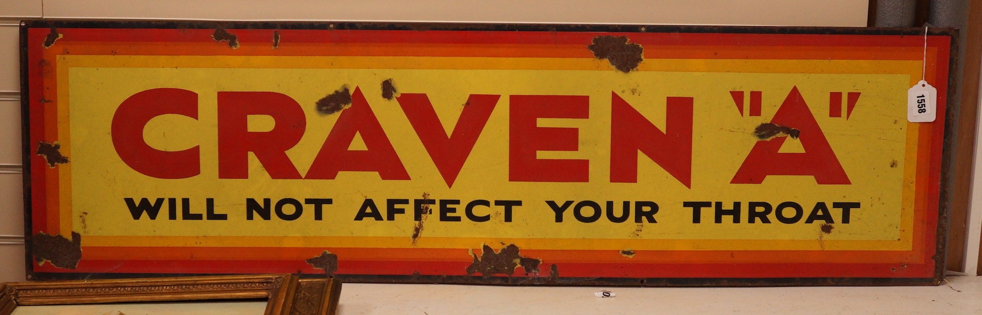 A ‘Craven 'A' will not affect your throat’ enamel advertising sign, 35x123cm                                                                                                                                                