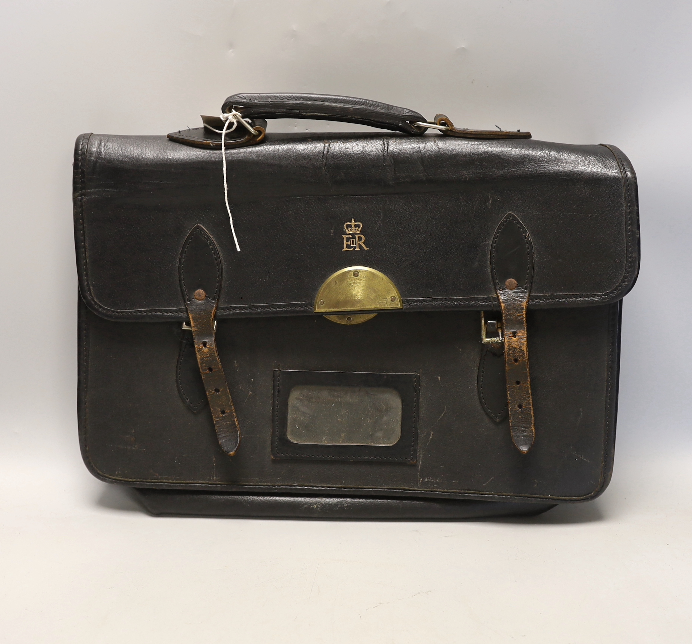 A black leather satchel, ER Royal cypher, 40cm wide, 27cm high                                                                                                                                                              