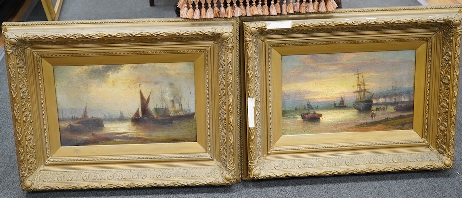 E. Mulready, Victorian School, pair of oils on canvas, Seascapes, 24 x 39cm. Condition - good, losses to frame                                                                                                              