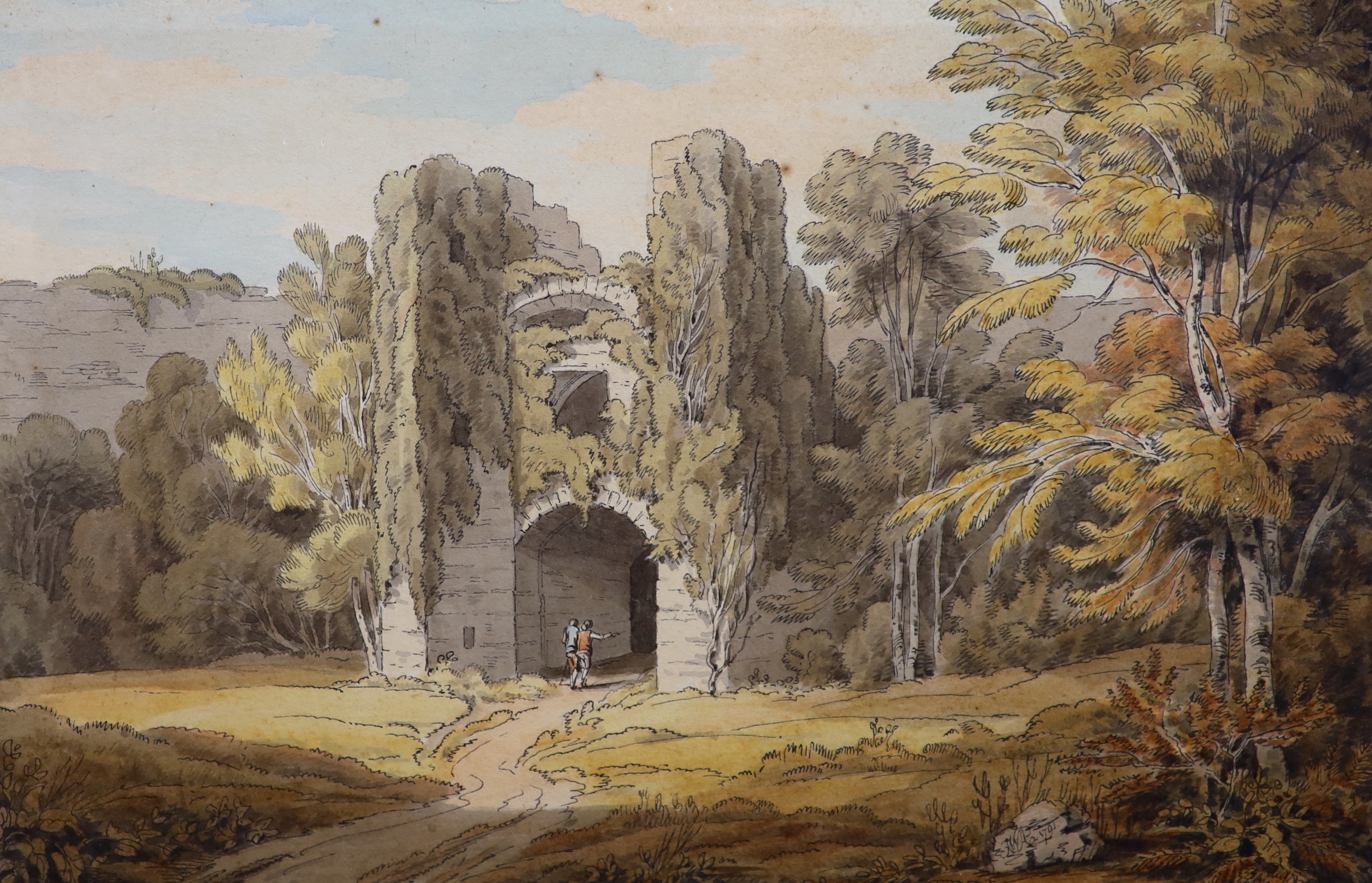 John White Abbott (British, 1763-1851), 'Berry Pomeroy Castle, Devon', watercolour and ink, 16 x 24cm                                                                                                                       