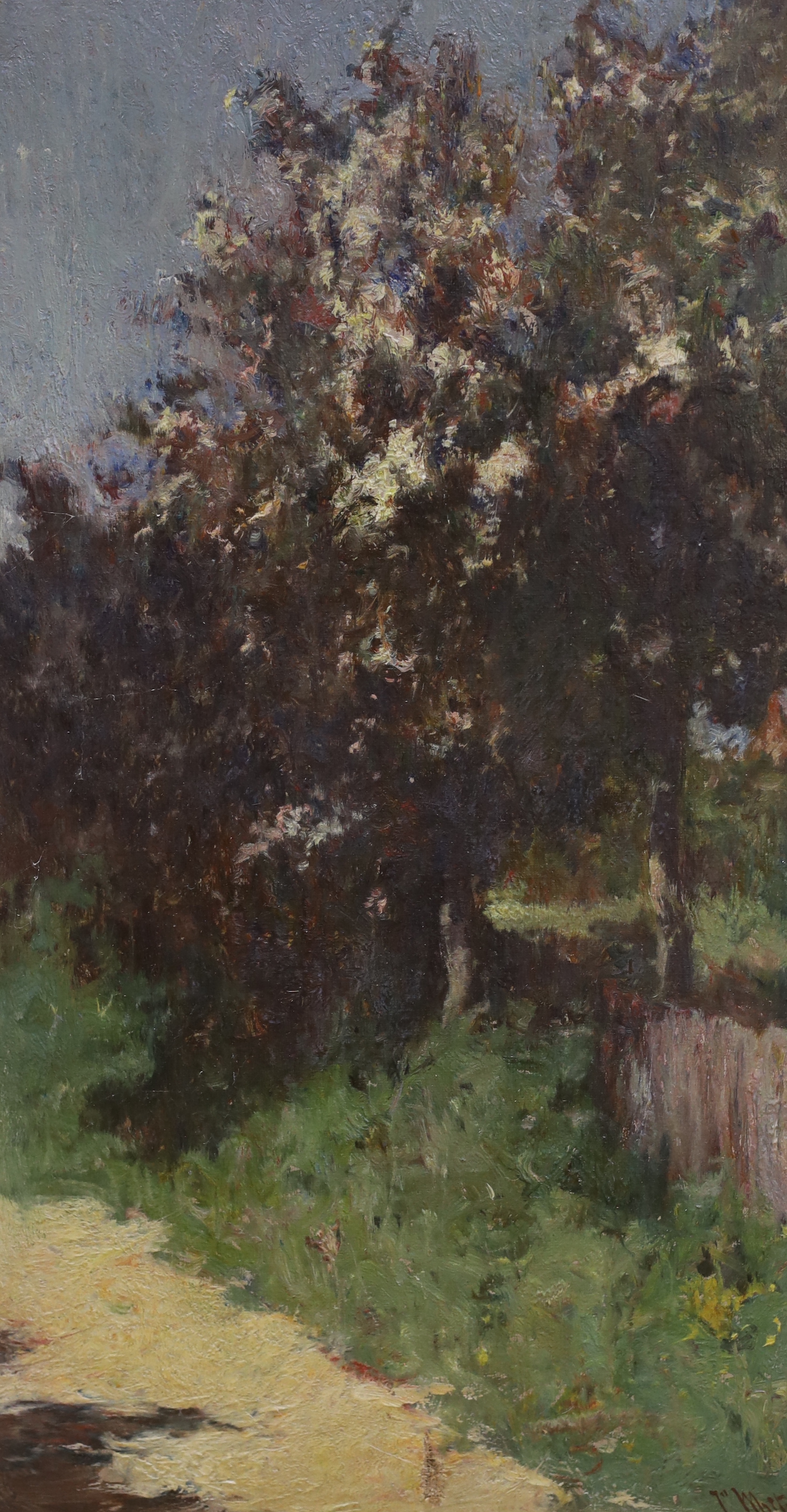 John White (1851-1933), oil on canvas, Flowering trees beside a lane, signed, 45 x 24.5cm                                                                                                                                   