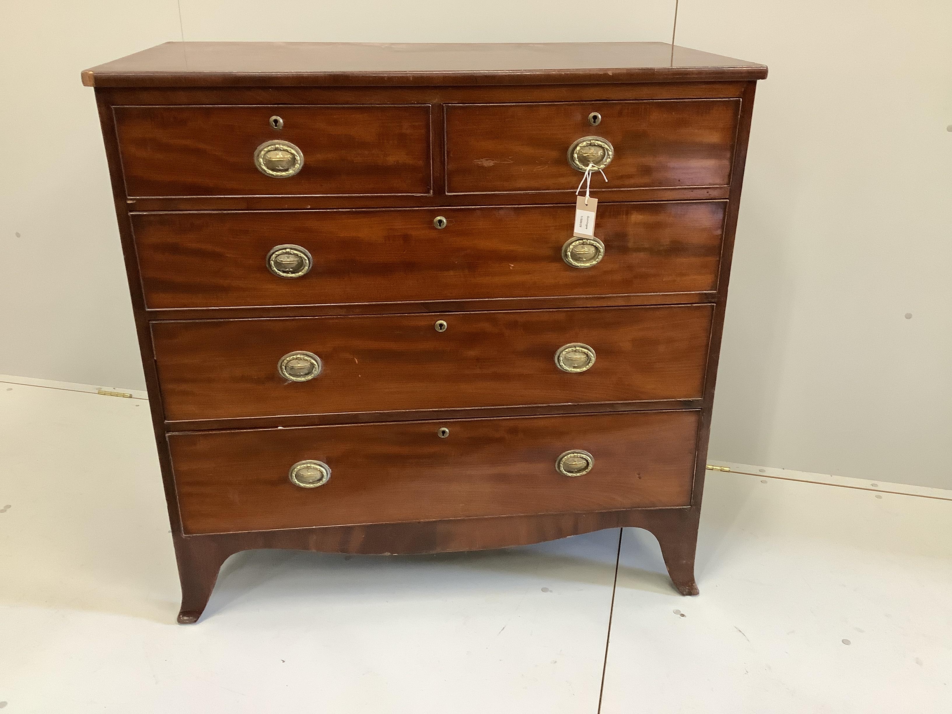 A Regency mahogany chest of five drawers, width 106cm, depth 53cm, height 104cm                                                                                                                                             