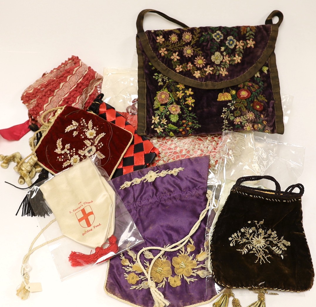 Sixteen mixed 19th century reticules, bible bags and purses embroidered with ribbon work, shells, embroidery, thread or knitted,plus two misers purses for St George's Church and a Hornsey Parish Presentation purse for Wa