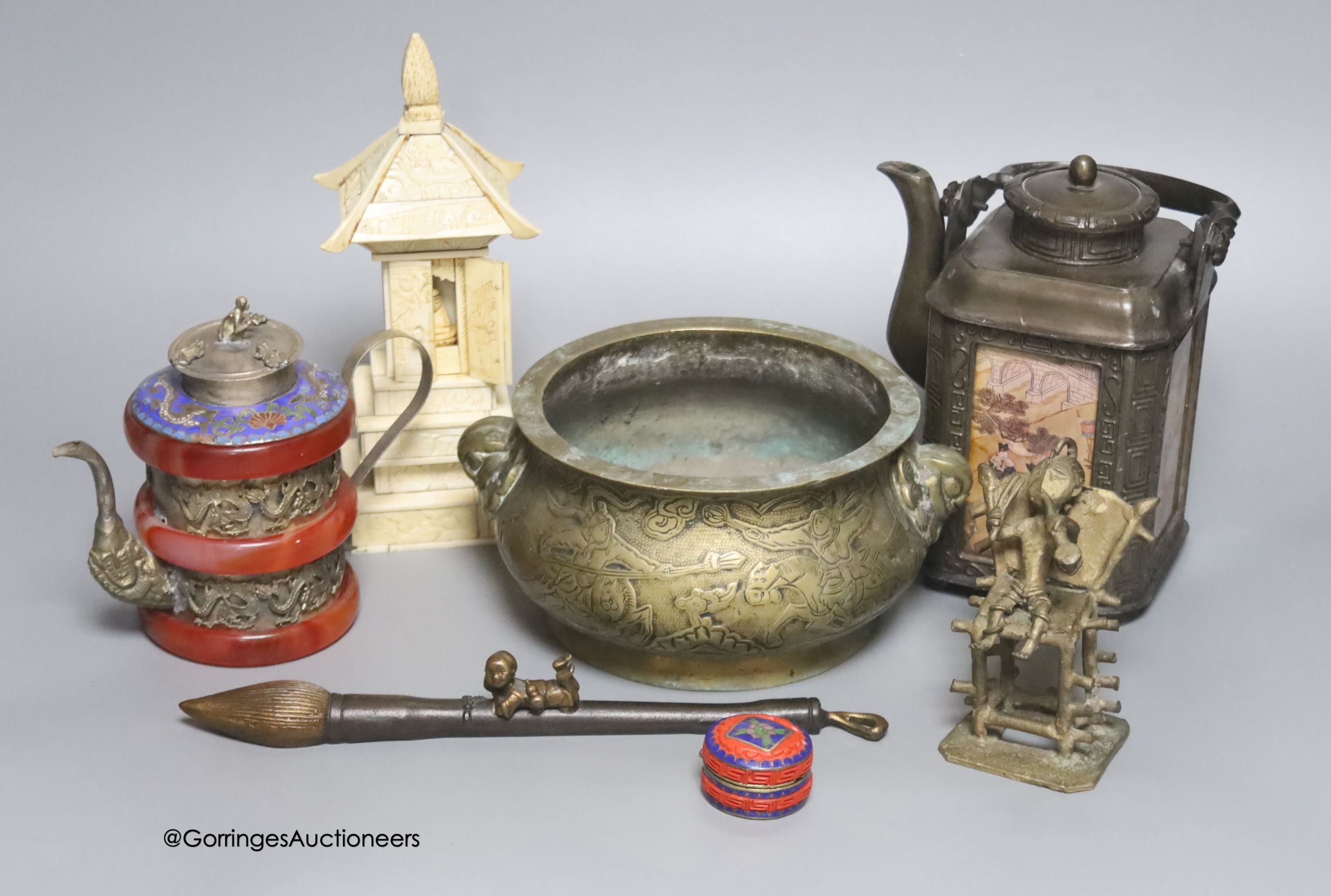 A Chinese bronze censer, teapots, a carved bone shrine, etc.                                                                                                                                                                