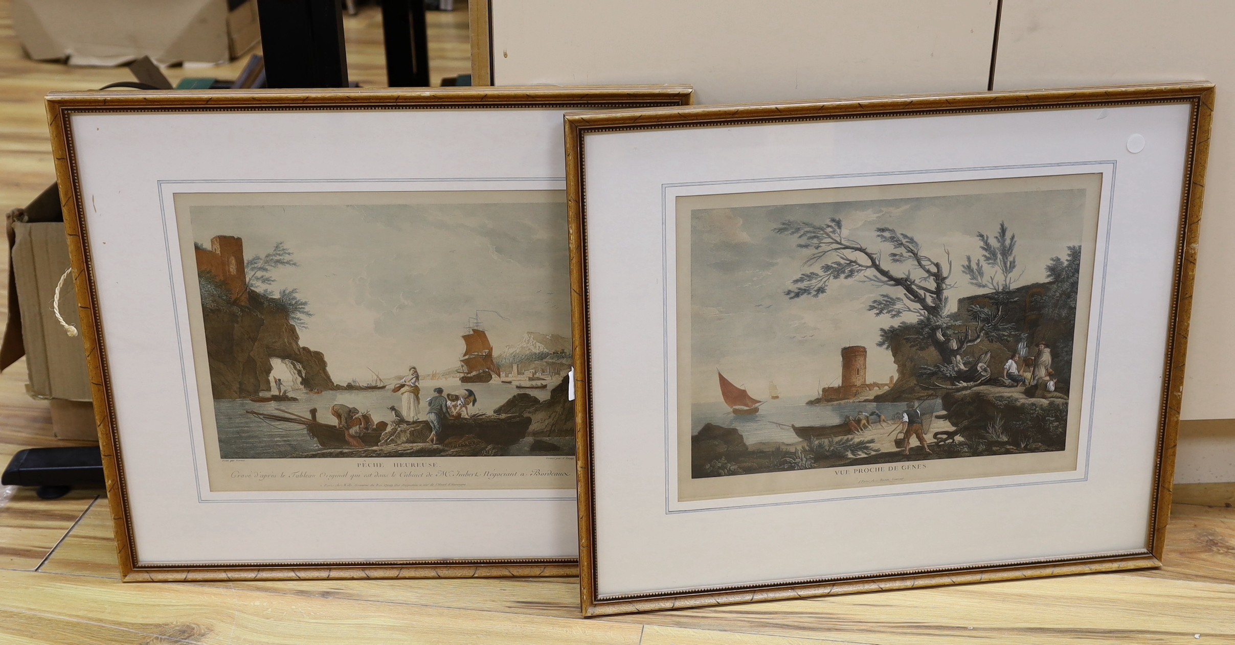 After Vernet, pair of reprinted engravings, 'Peche Heureuse' and 'Vue Proche du Genes', overall 33 x 44cm                                                                                                                   