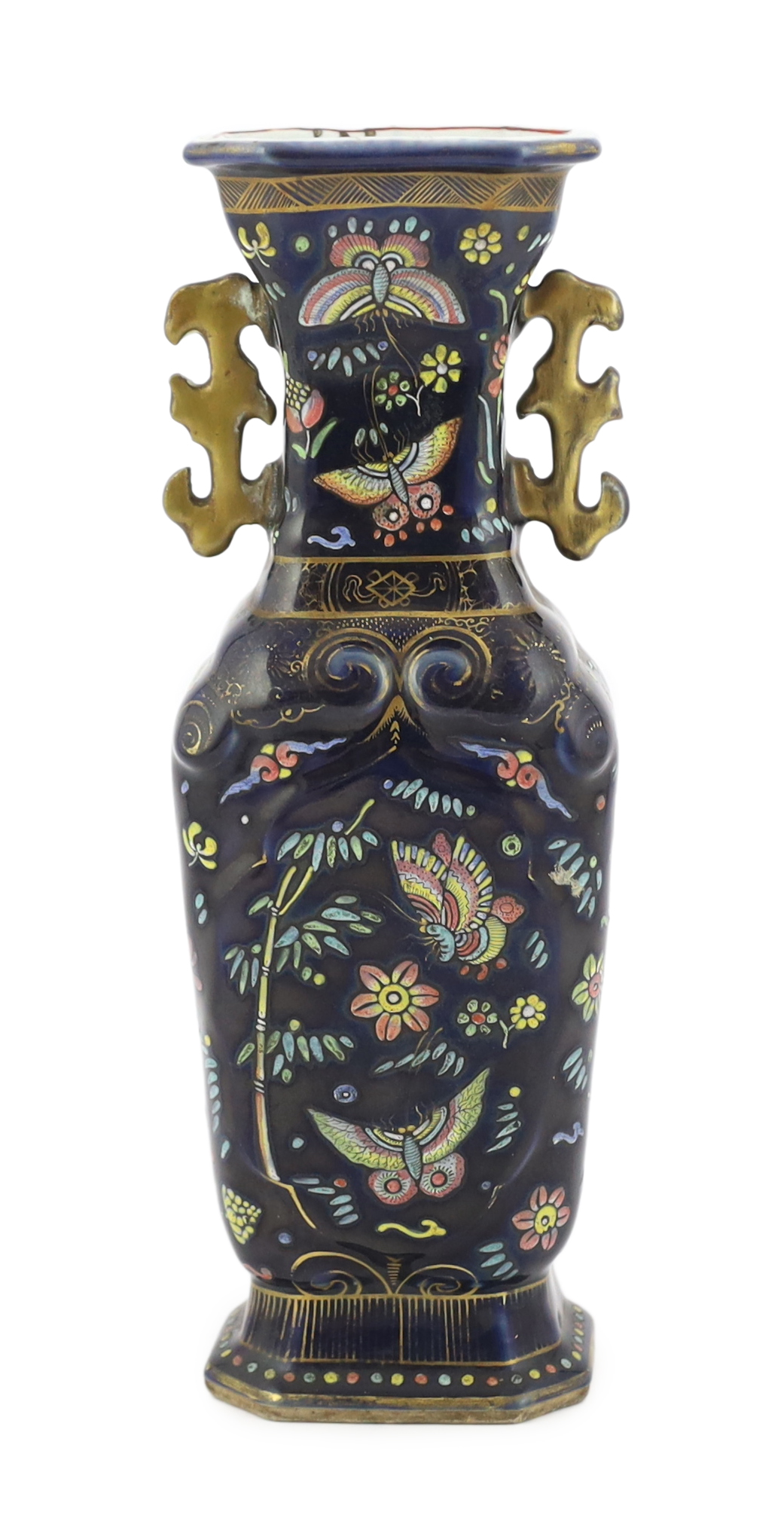 An unusual Chinese blue glazed two handled vase, the porcelain Qianlong period, the enamelled decoration early 19th century English                                                                                         