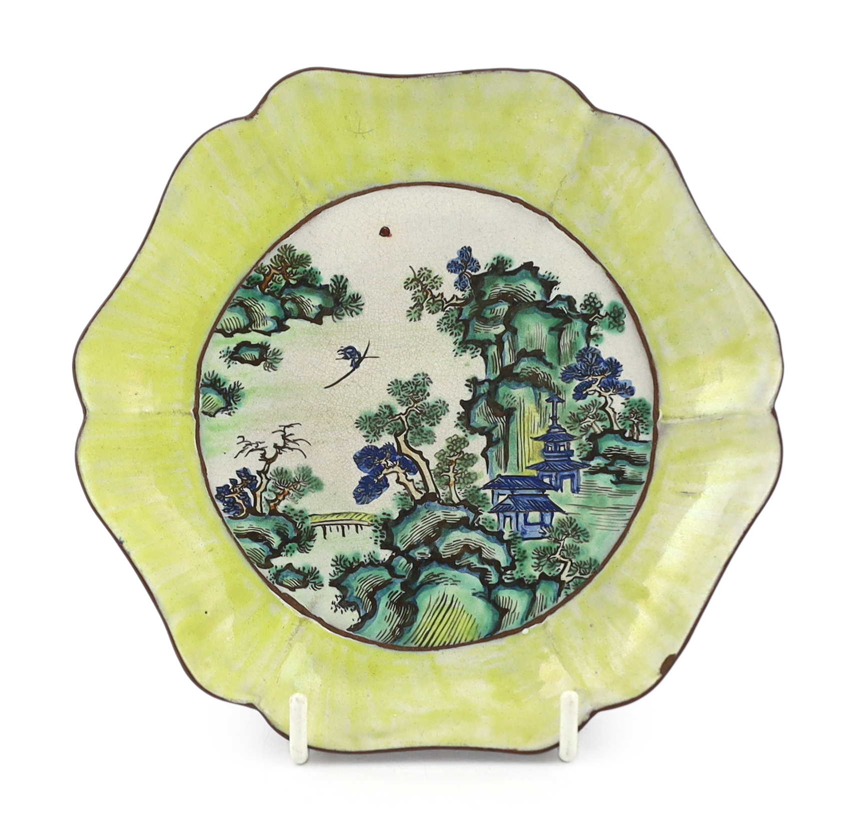A Chinese enamelled Yixing pottery hexafoil shaped dish, Qianlong/Jiaqing period, small splinter chip                                                                                                                       
