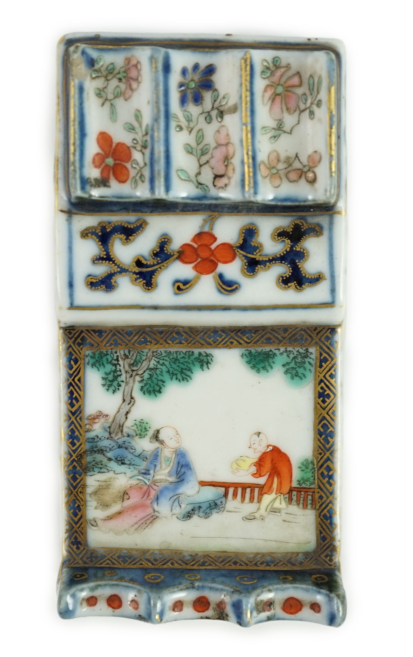 A small Chinese enamelled porcelain brushrest, Jiaqing mark and period (1796-1820), 9cm x 4.5cm, small splinter chip                                                                                                        