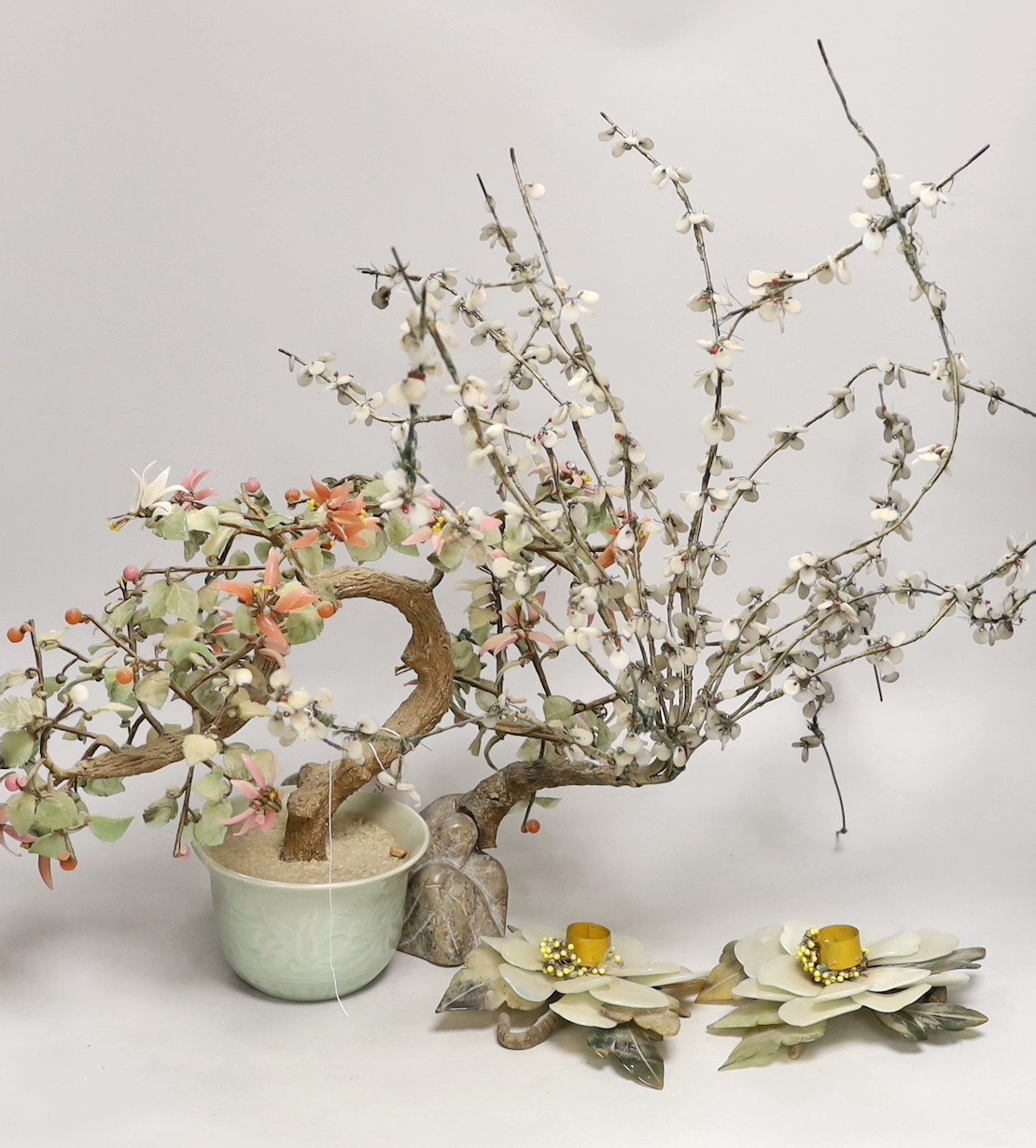 Two Chinese hardstone trees and a pair of similar sconces                                                                                                                                                                   