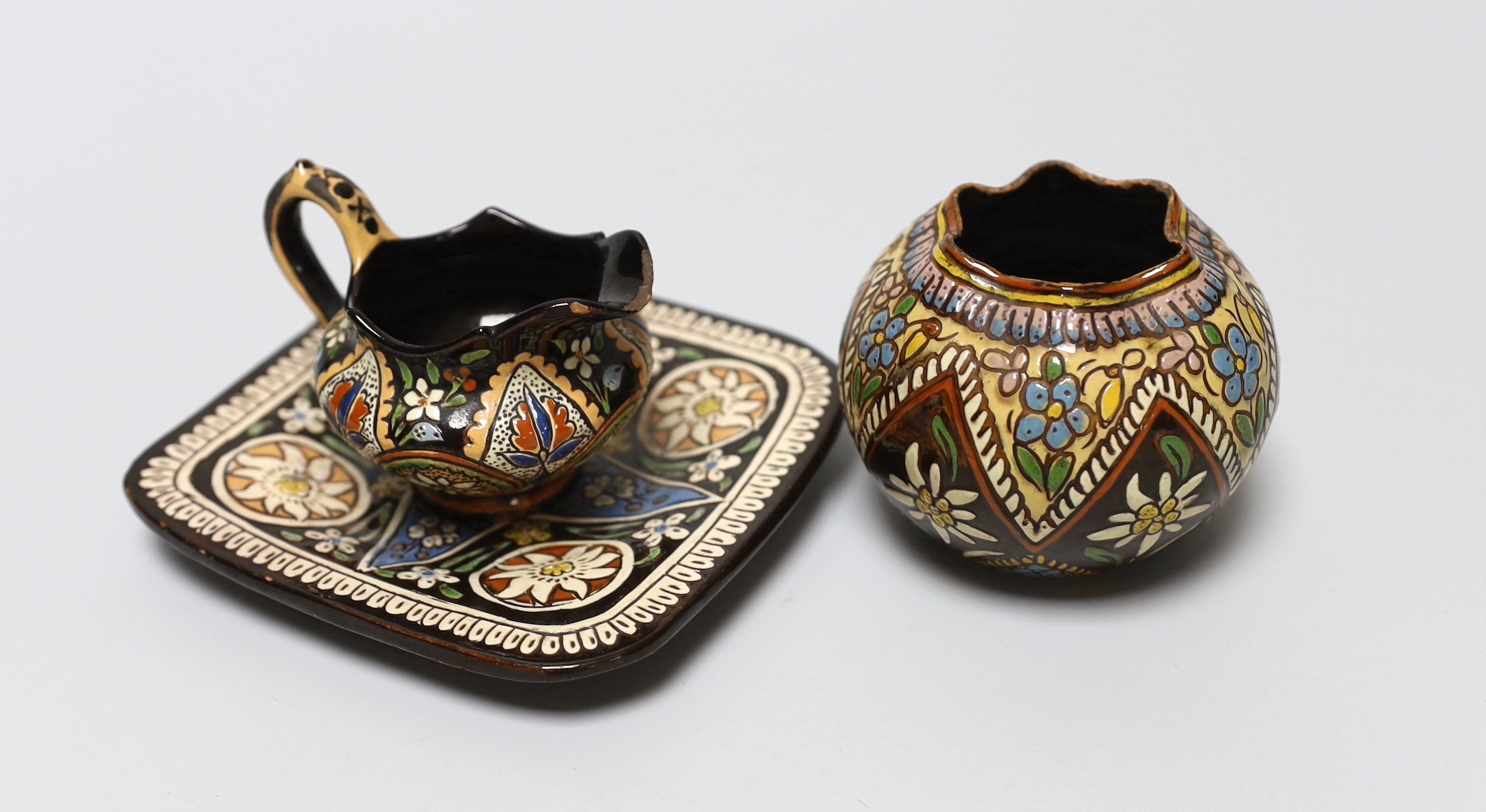 Three Thoune glazed earthenware items comprising dish, jug and vase, two signed to the base, the largest 12cm wide                                                                                                          