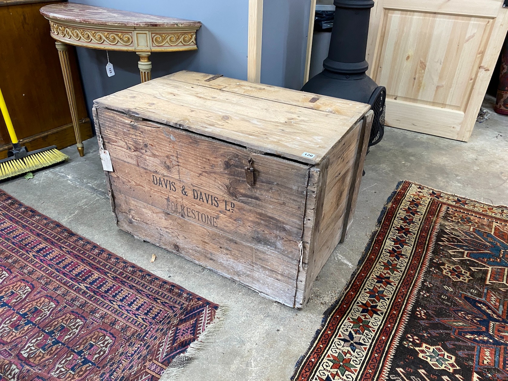 A vintage pine crate marked Davis Davis hd., Folkestone, width 84cm, depth 49cm, height 56cm                                                                                                                                