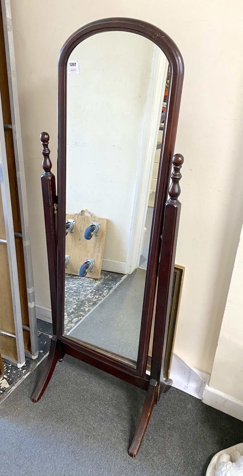 A reproduction Victorian style cheval mirror, width 53cm, height 155cm                                                                                                                                                      