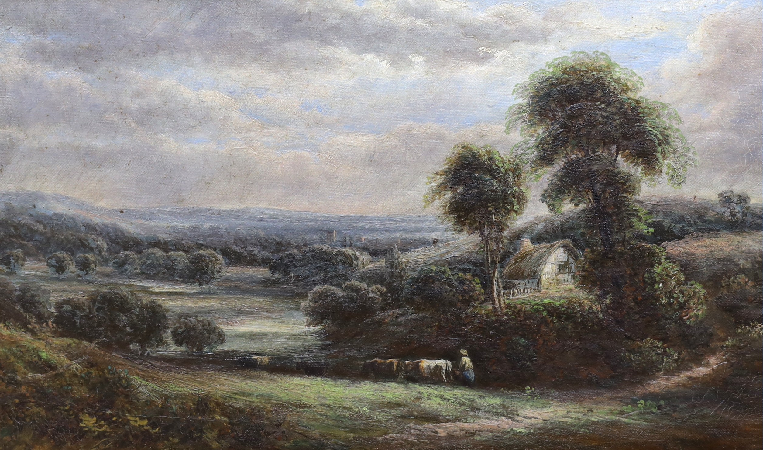 E. Thomas (c.1900), oil on canvas, Cattle drover in a landscape, signed, 29 x 50cm                                                                                                                                          