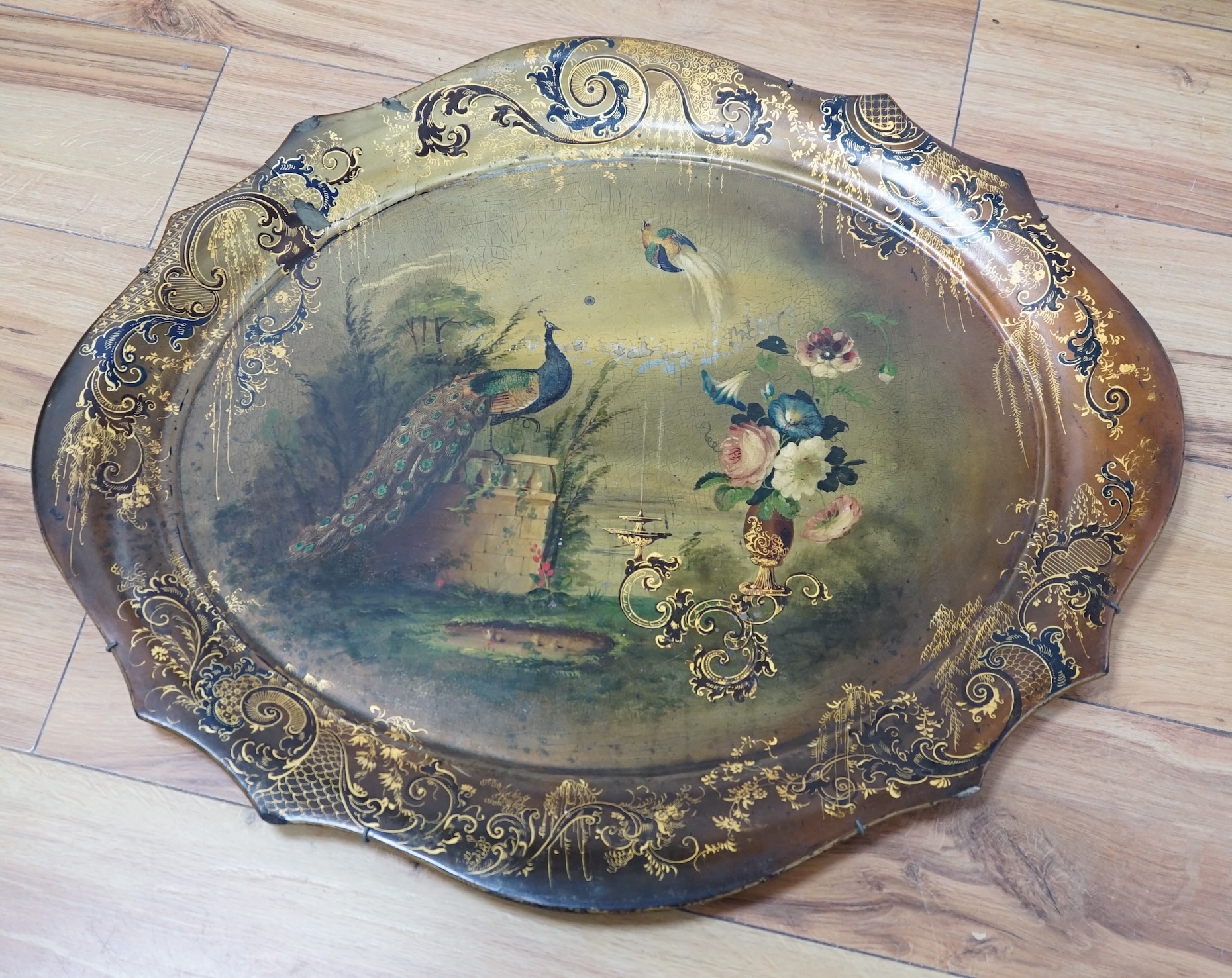 A Victorian Jennens & Bettridge papier mache tray, 65cm. Condition - poor                                                                                                                                                   