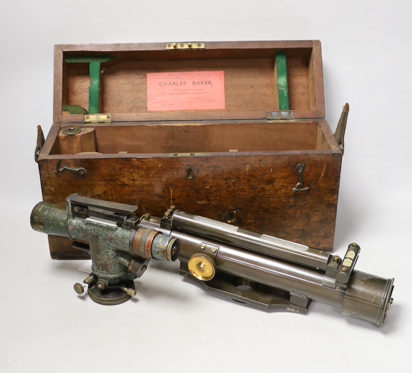 J. Pallant, Museum Street, a lacquered brass theodolite in mahogany case together with another theodolite by J.A. Reynolds & Co.                                                                                            