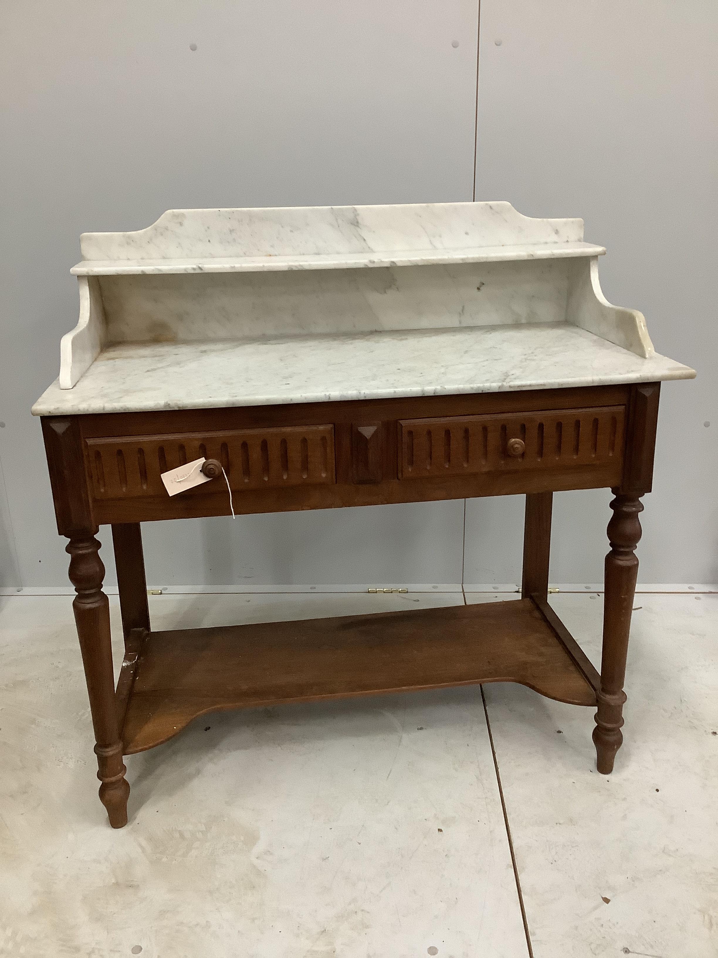 An early 20th French oak marble top washstand, width 100cm, depth 50cm, height 100cm                                                                                                                                        