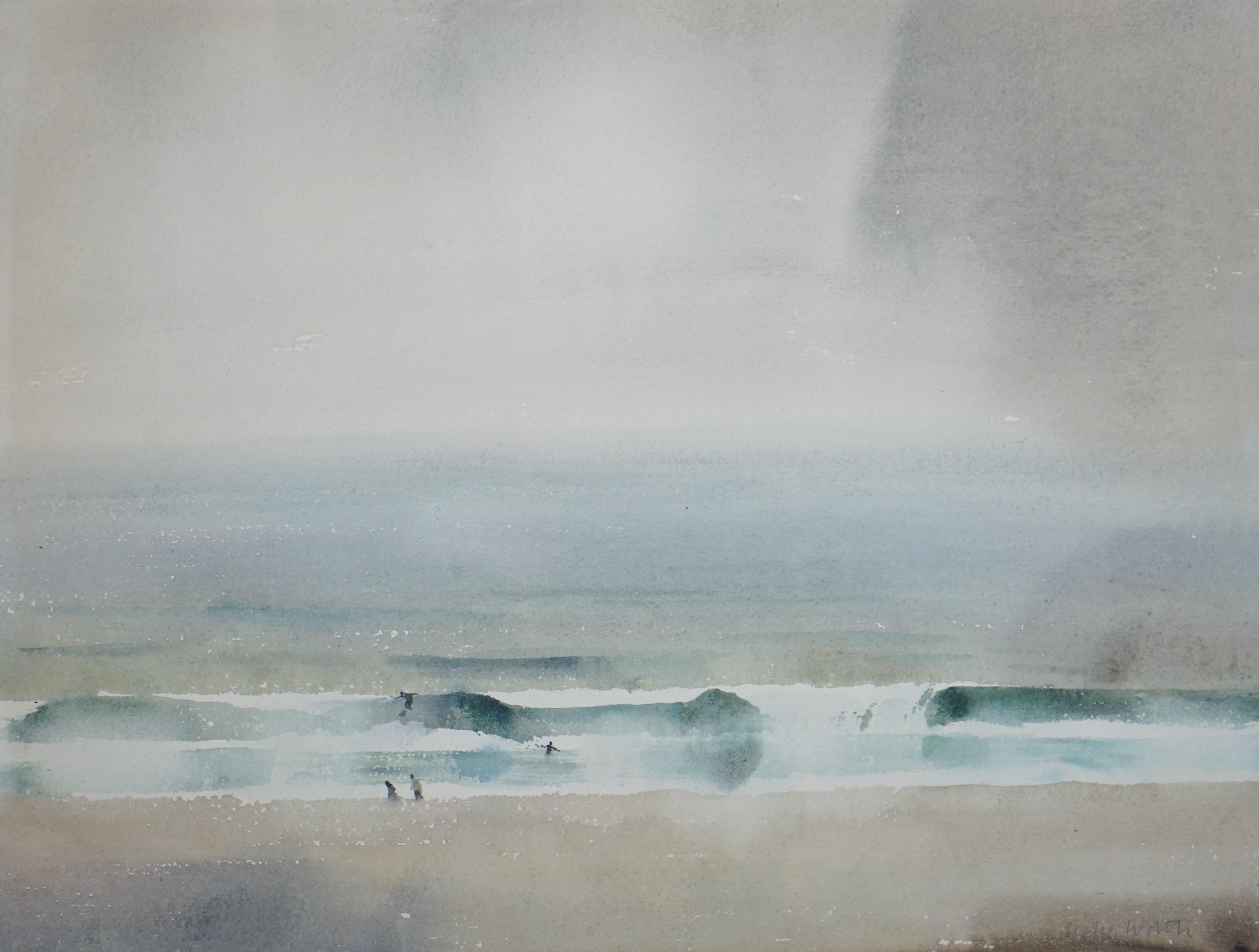 Leslie Worth RWS (1923-2009), watercolour, 'Surfers, Cornwall', 30 x 38cm. Condition - fair-good                                                                                                                            