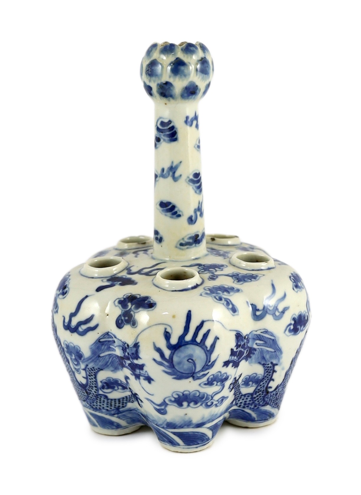 A Chinese blue and white ’dragon’ tulip vase, 19th century, 25cm high, splinter chips                                                                                                                                       