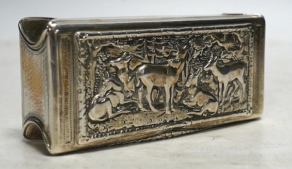 A George IV silver engine turned presentation snuff box, by John Jones III, London 1826, the cover decorated with a scene of deer, the interior with engraved inscription to Lieutenant Borthwick 12th Regiment, 10cm wide, 