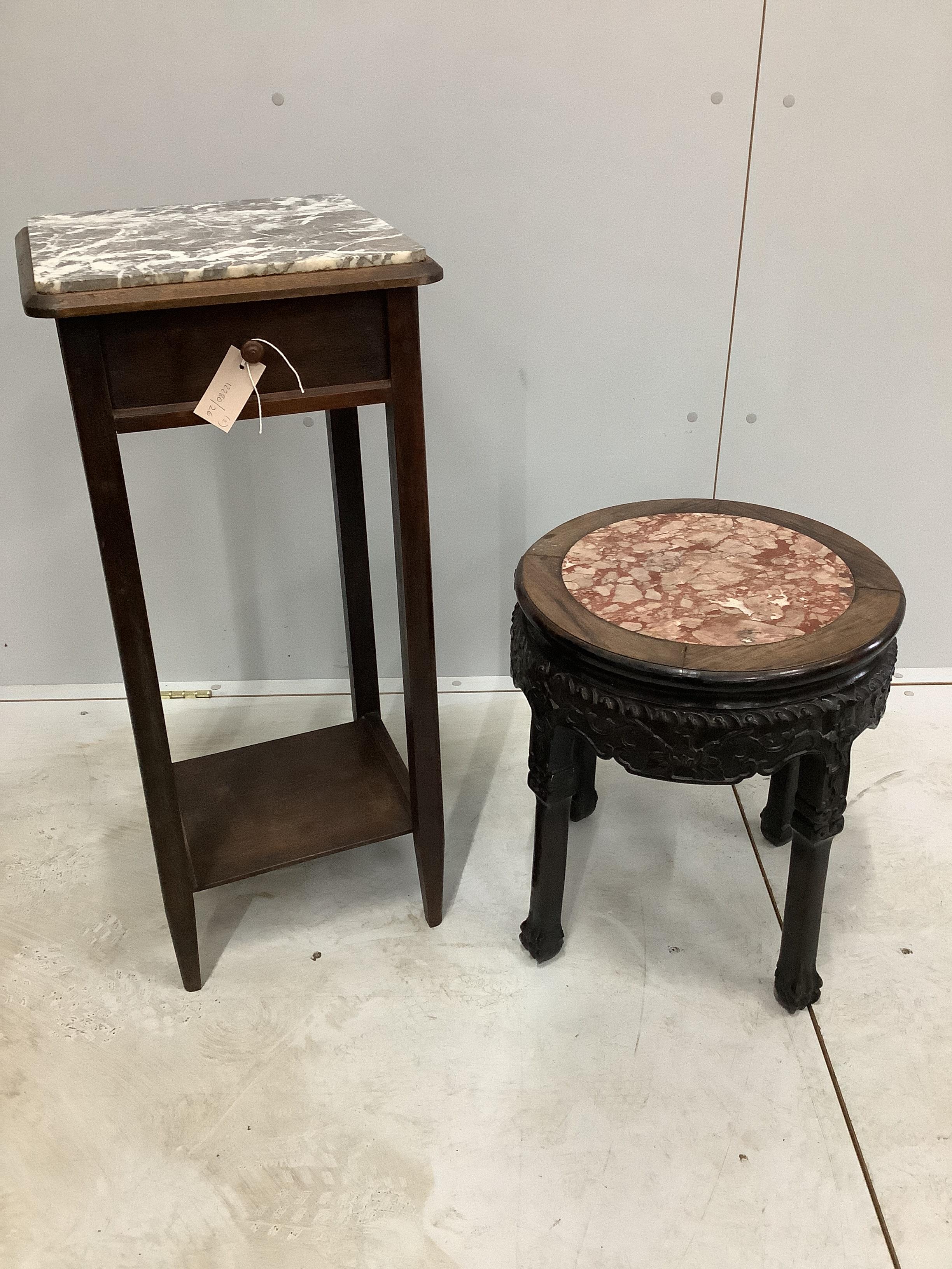 A Chinese circular rouge marble and hongmu jardiniere stand (losses), diameter 41cm, height 48cm together with a marble top mahogany two tier table                                                                         