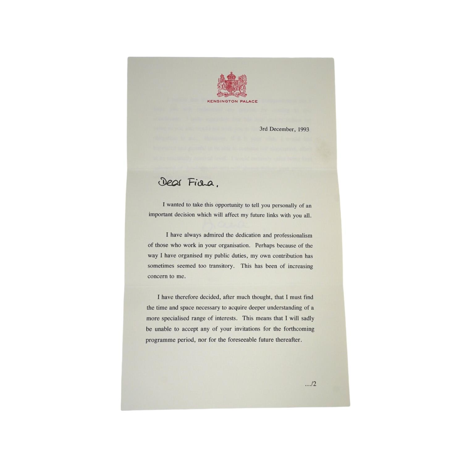 Diana, Princess of Wales, a printed letter with original envelope hand signed ‘Yours Sincerely Diana’, with personalised name of the recipient (the vendor) also in Diana‘s hand, on Kensington Palace headed notepaper and 