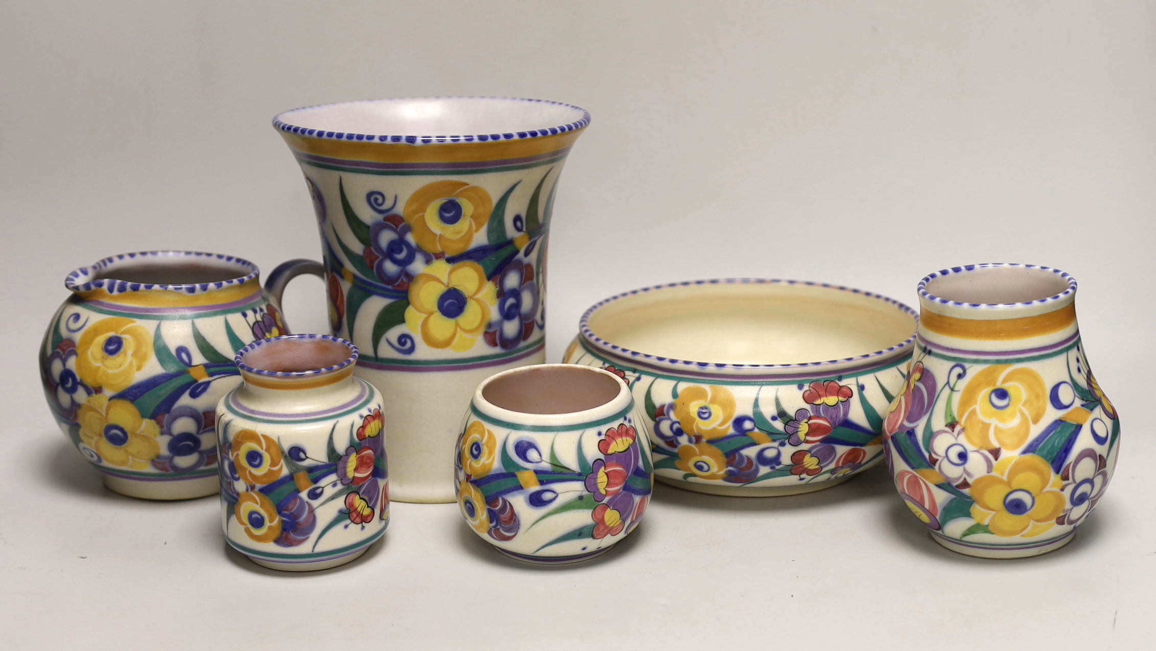 Carter, Stabler and Adams, Poole Fuschia-pattern, four vases, (tallest 19cm) a bowl and a jug                                                                                                                               