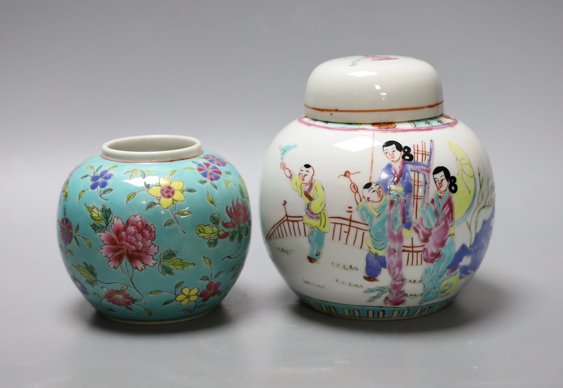 Two mid 20th century Chinese enamelled porcelain jars, tallest 14cm                                                                                                                                                         