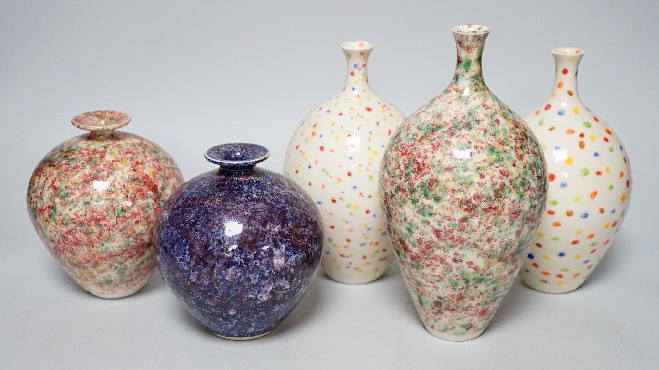 A pair and three other Russel Lakerman pottery vases, tallest 20cm                                                                                                                                                          