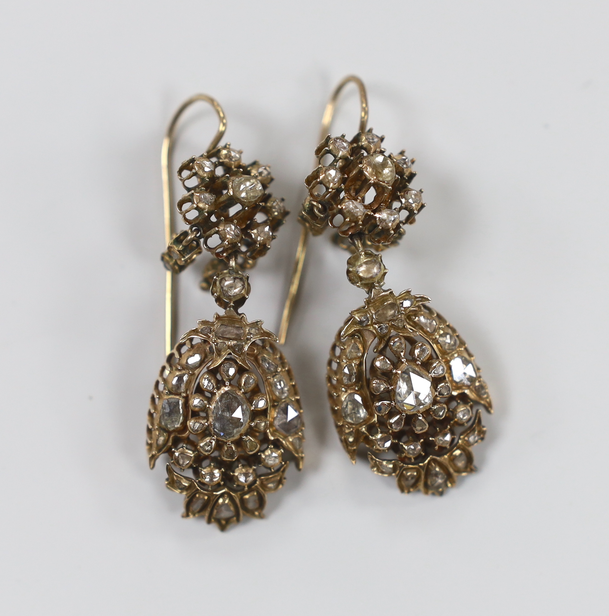 A pair of antique diamond set yellow metal drop earrings, probably Indian, 4.5cm                                                                                                                                            