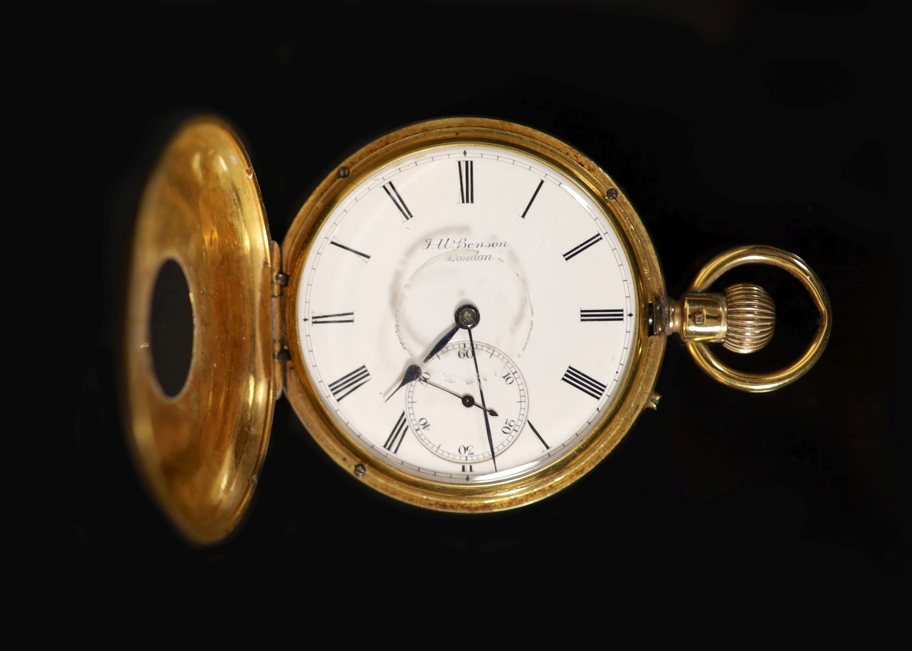 An Edwardian engine turned 18ct gold J.W. Benson, 'The Field Watch', keyless lever half hunter pocket watch                                                                                                                 