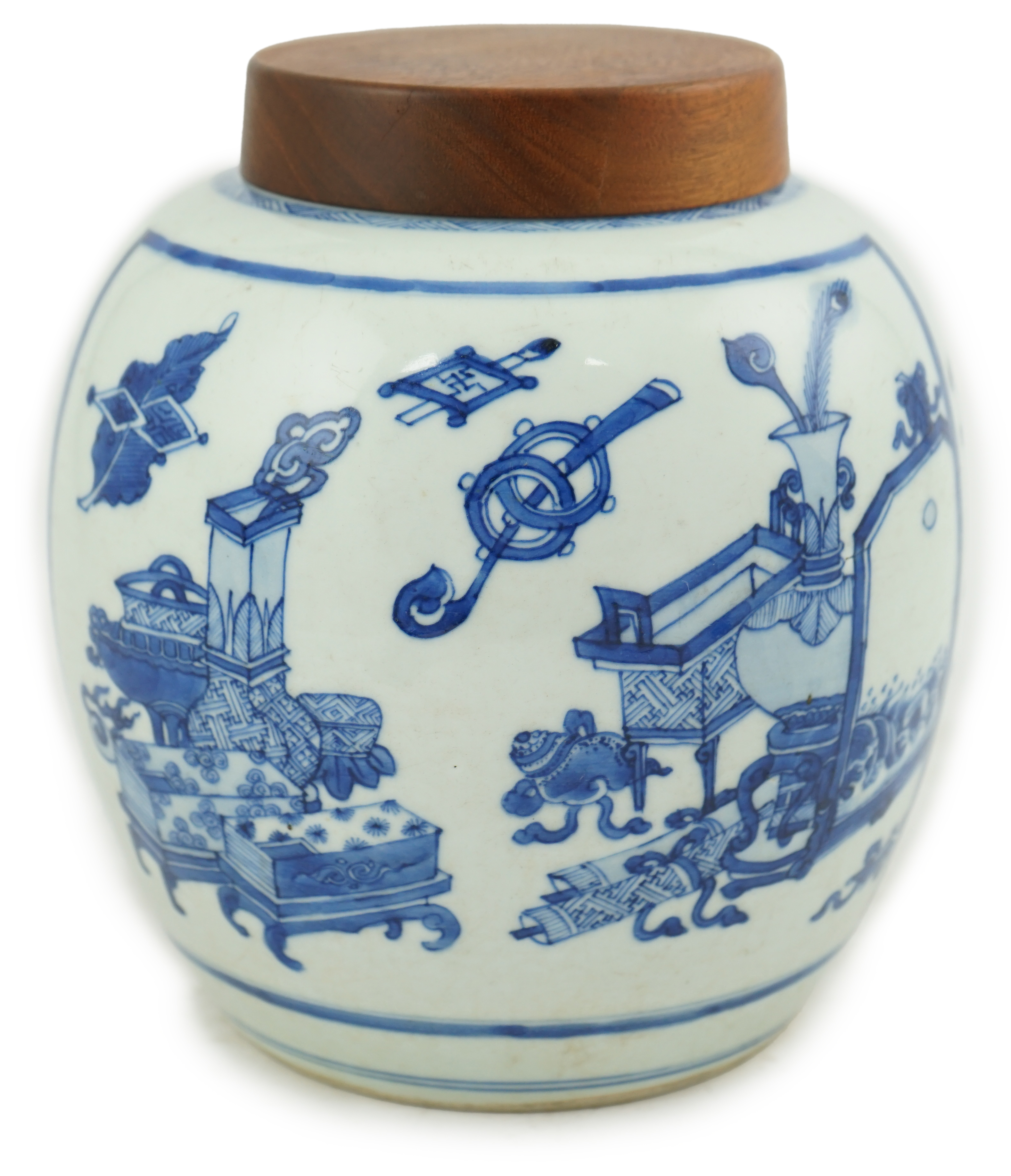 A good Chinese blue and white ‘Hundred Antiques’ ovoid jar, Kangxi period (1662-1722)                                                                                                                                       