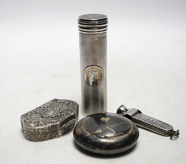 Small silver - a Victorian engine turned travelling shaving brush, mm. JV, London 1858, 8.5cm, a Continental white metal snuff box, 5.4cm, a portable ashtray case, 5cm diameter, and silver faced cigar cutter, Birmingham 