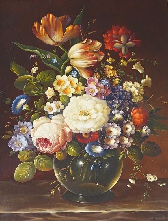 Florian Grass, oil on canvas, Still life of flowers in a glass vase, signed, 39 x 29cm. Condition - good                                                                                                                    