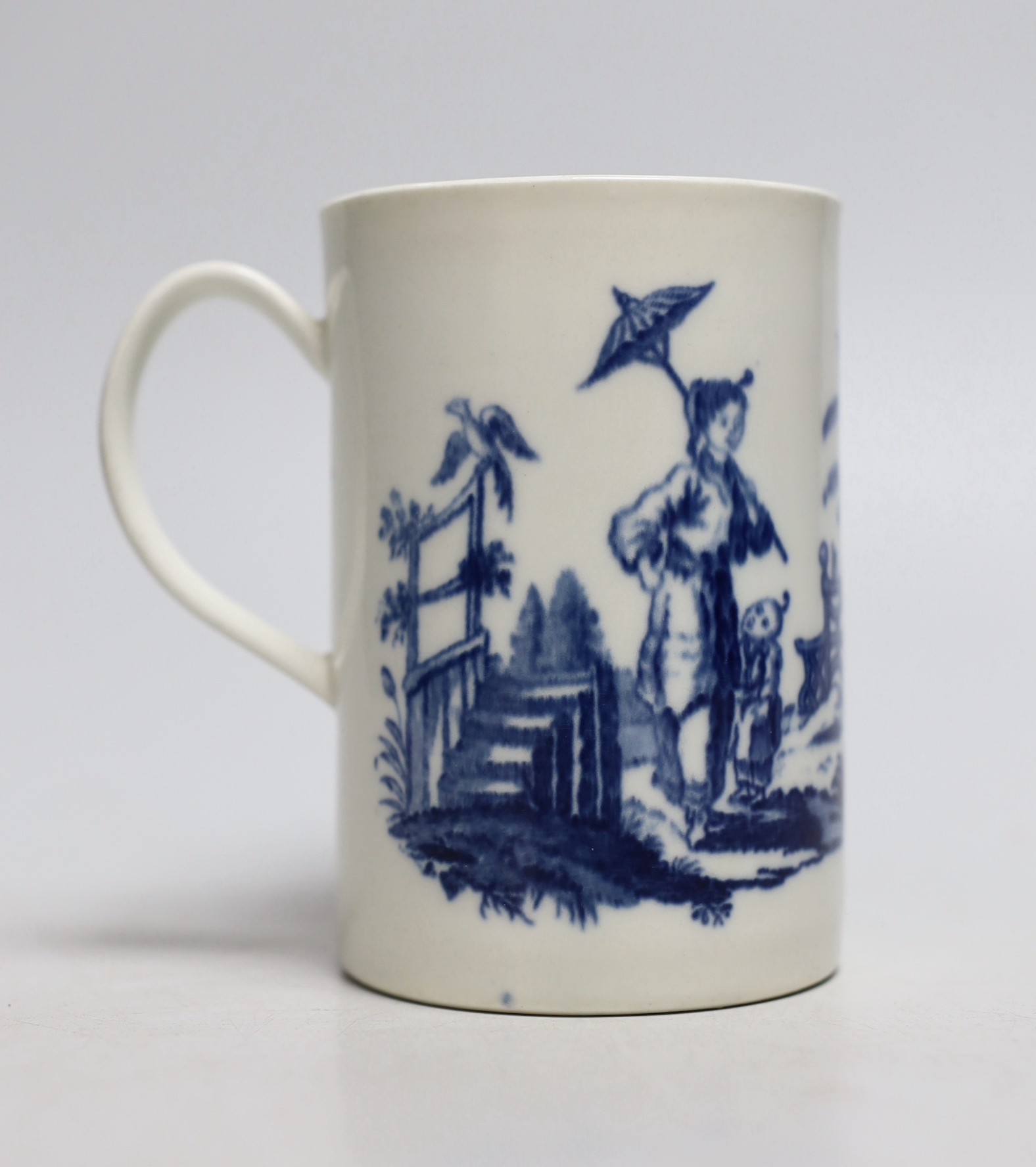 An 18th century Caughley uncommon mug Le Peche / Promenade, S mark to base                                                                                                                                                  