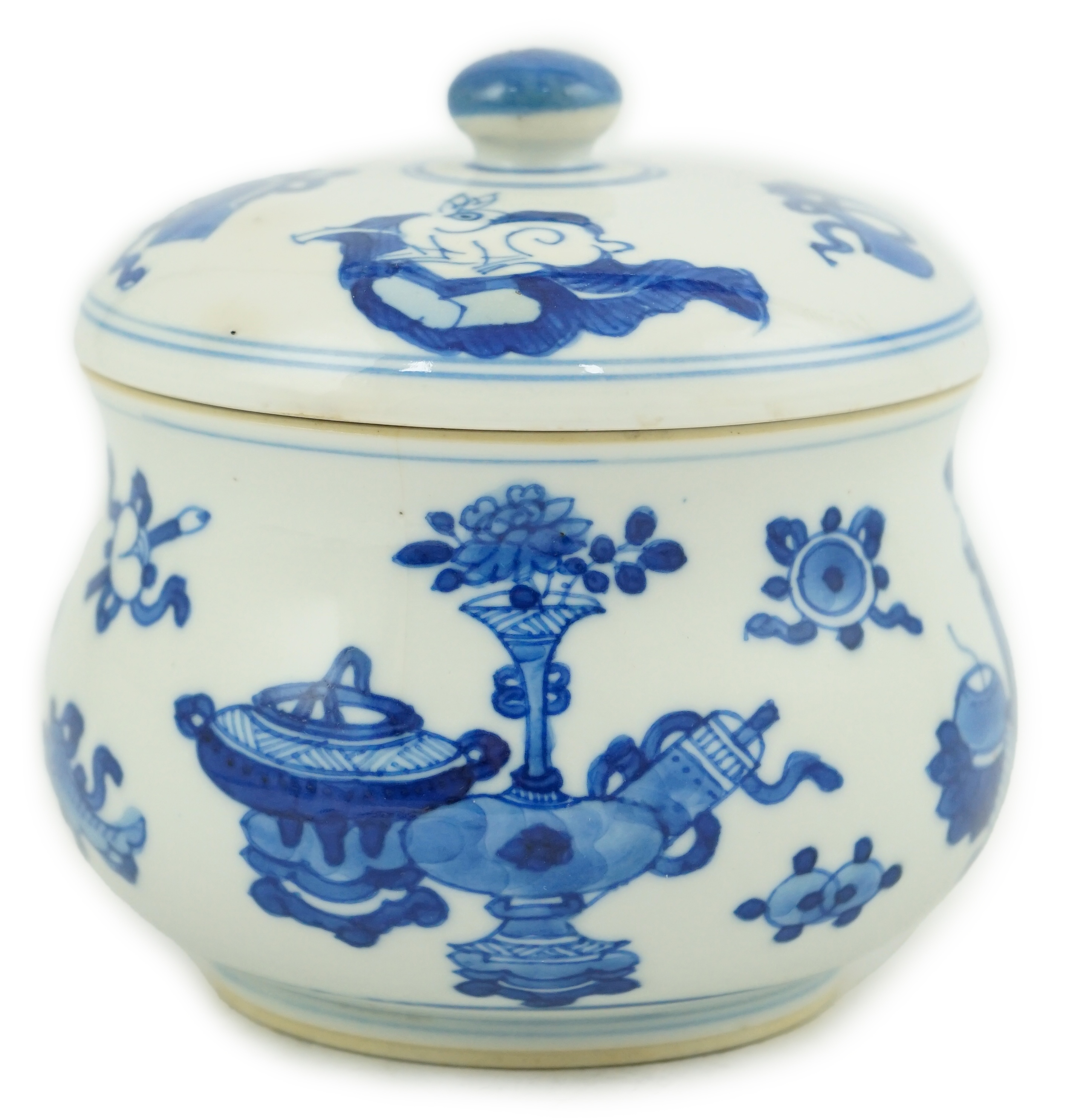 A Chinese blue and white ‘precious objects’ censer and cover, Kangxi period (1662-1722)                                                                                                                                     