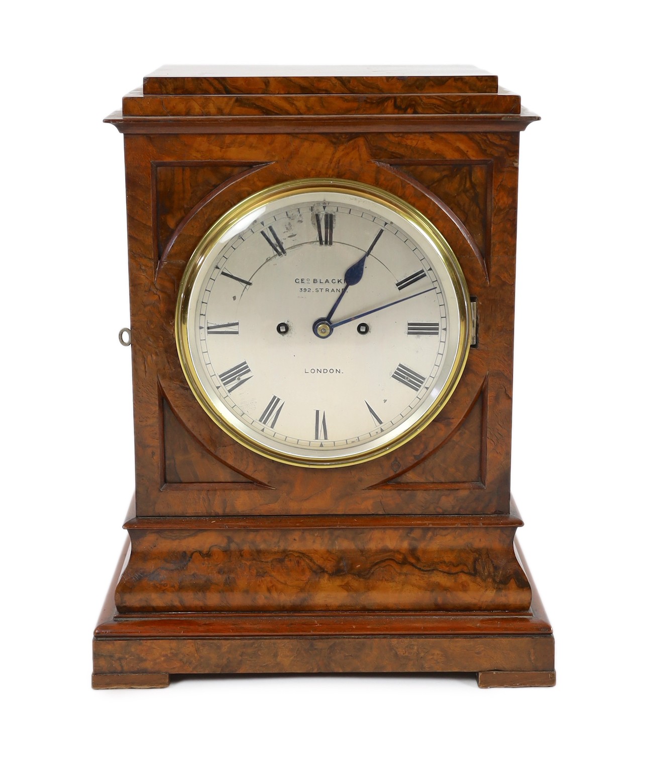 George Blackie, 392 Strand, London. A Victorian figured walnut mantel clock, 35cm wide, 24cm deep, 46cm high                                                                                                                