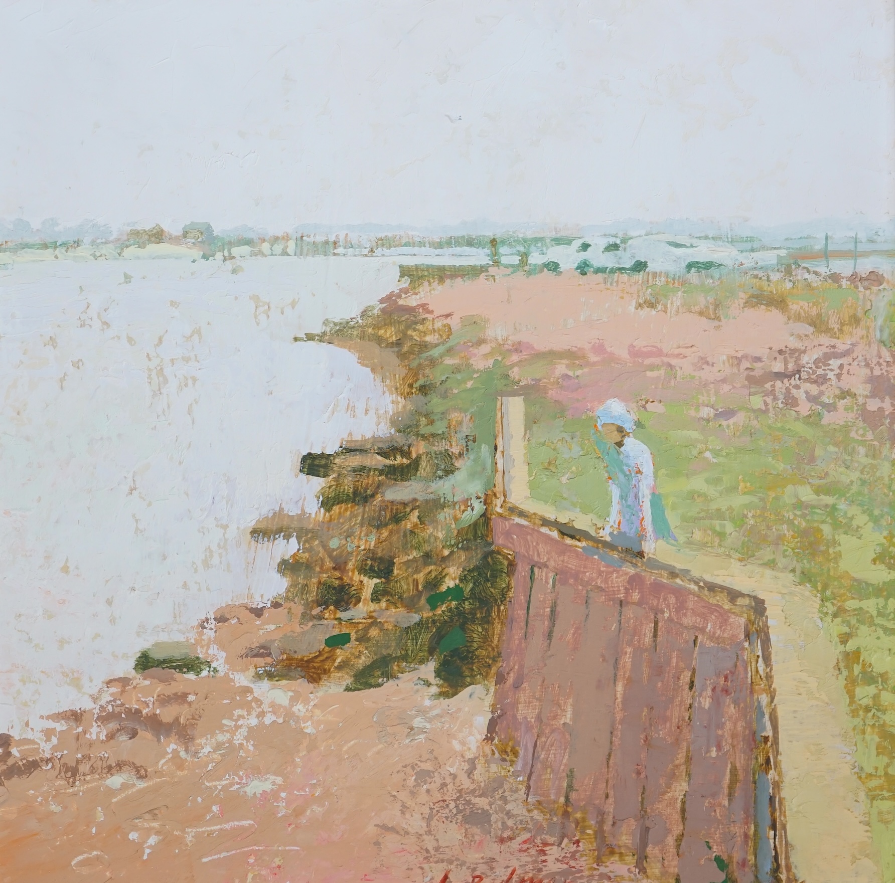 Lionel Bulmer (English, 1919-1991), oil on board, 'Sea Wall, River Blyth', signed, label verso, 29 x 29cm. Condition - good                                                                                                 