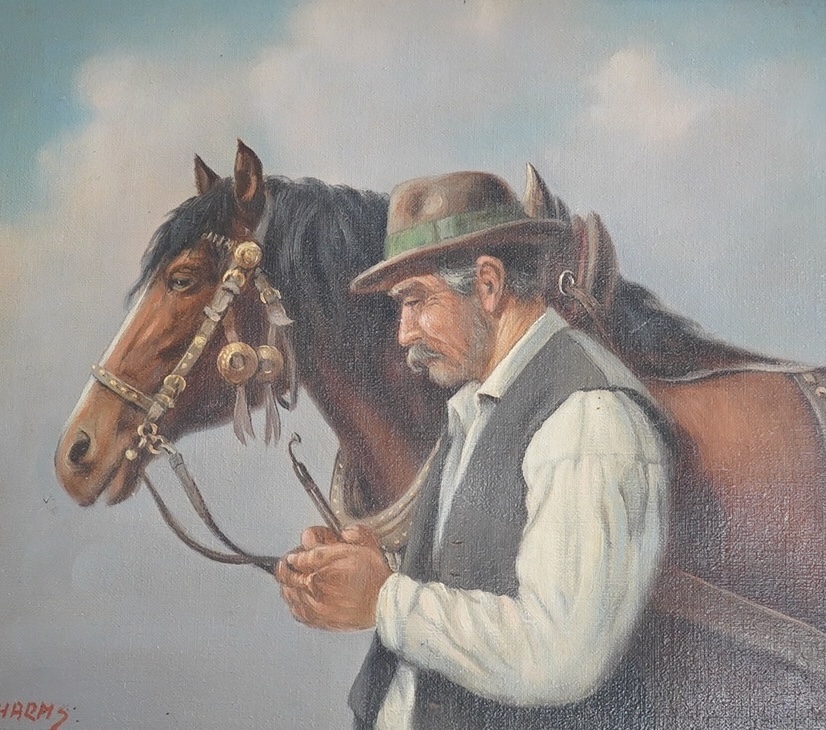 Harms, oil on canvas, Study of a gentleman and work horse, signed, 24 x 29cm, ornately framed. Condition - good, some minor losses to the frame                                                                             