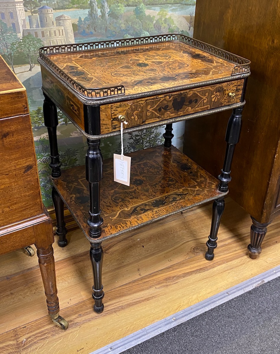 A 19th century French two tier etagere, width 39cm, depth 29cm, height 59cm                                                                                                                                                 
